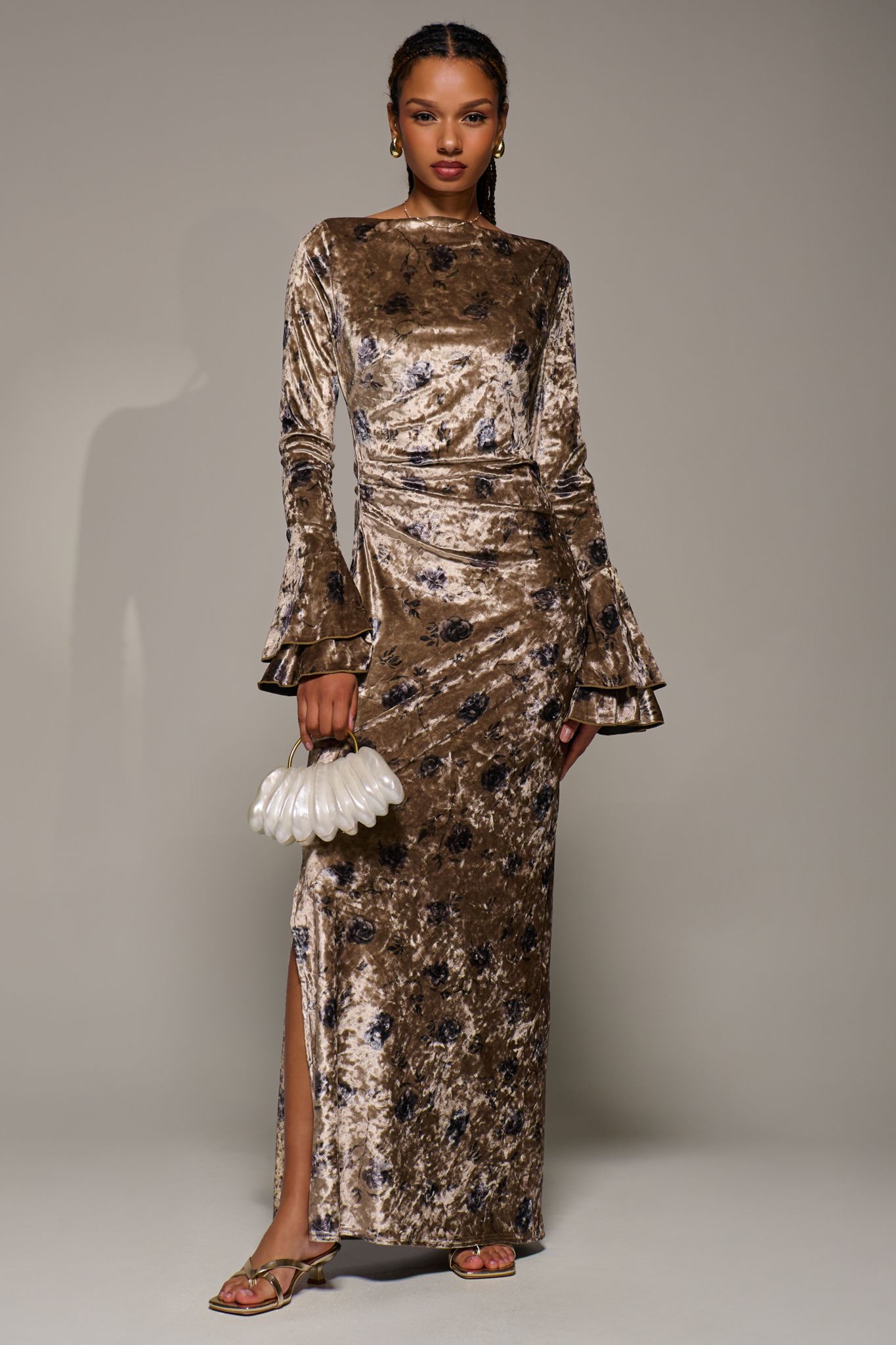 Jolie Moi Women's Ruffle Sleeve Boat Neck Velvet Maxi Dress in Gold