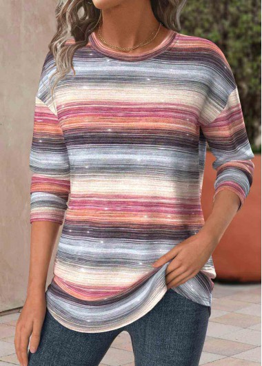 Modlily Multi Color Striped Long Sleeve Round Neck T Shirt