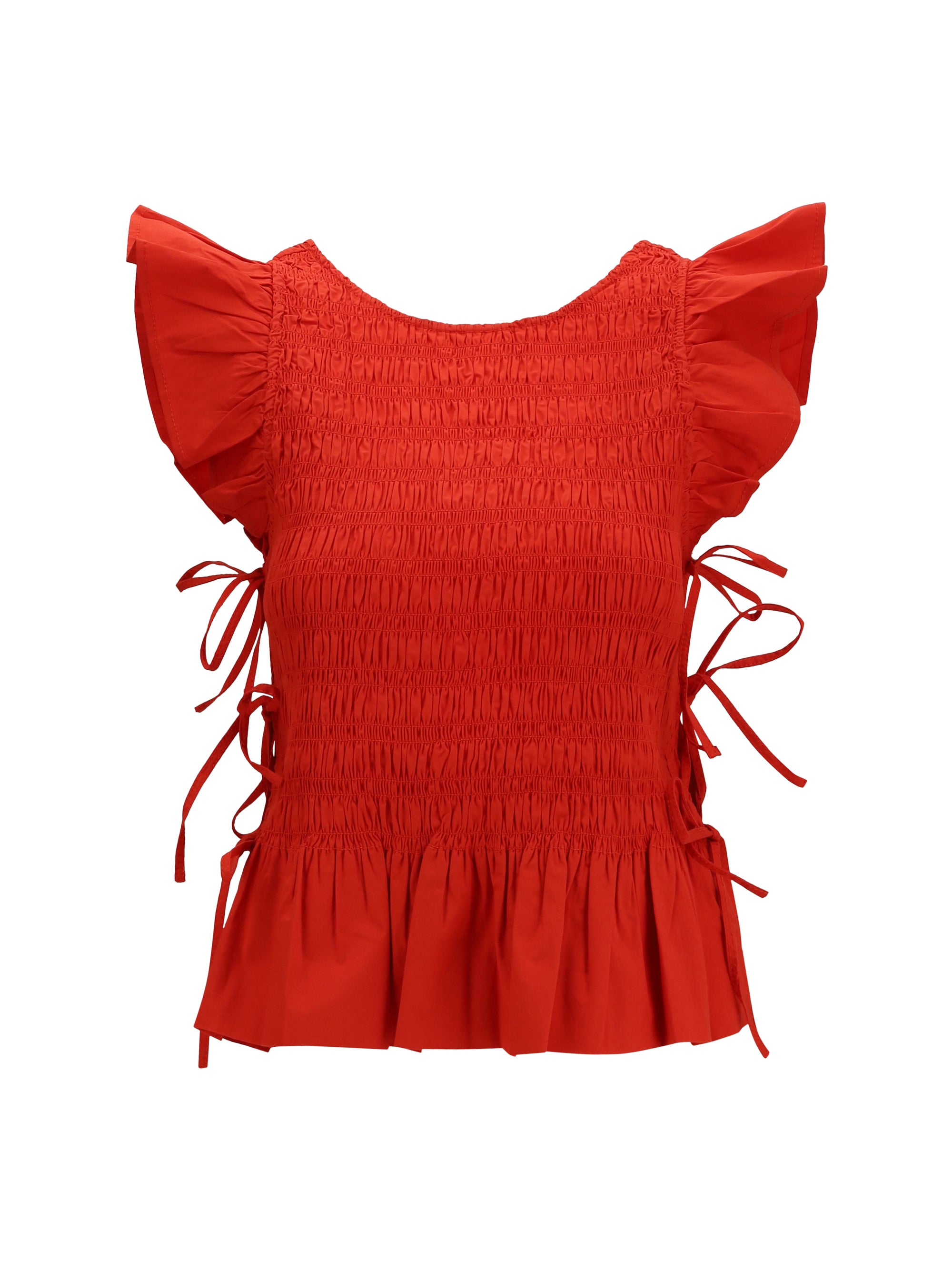 Ruched Cotton with Side Bows Blouse — Red