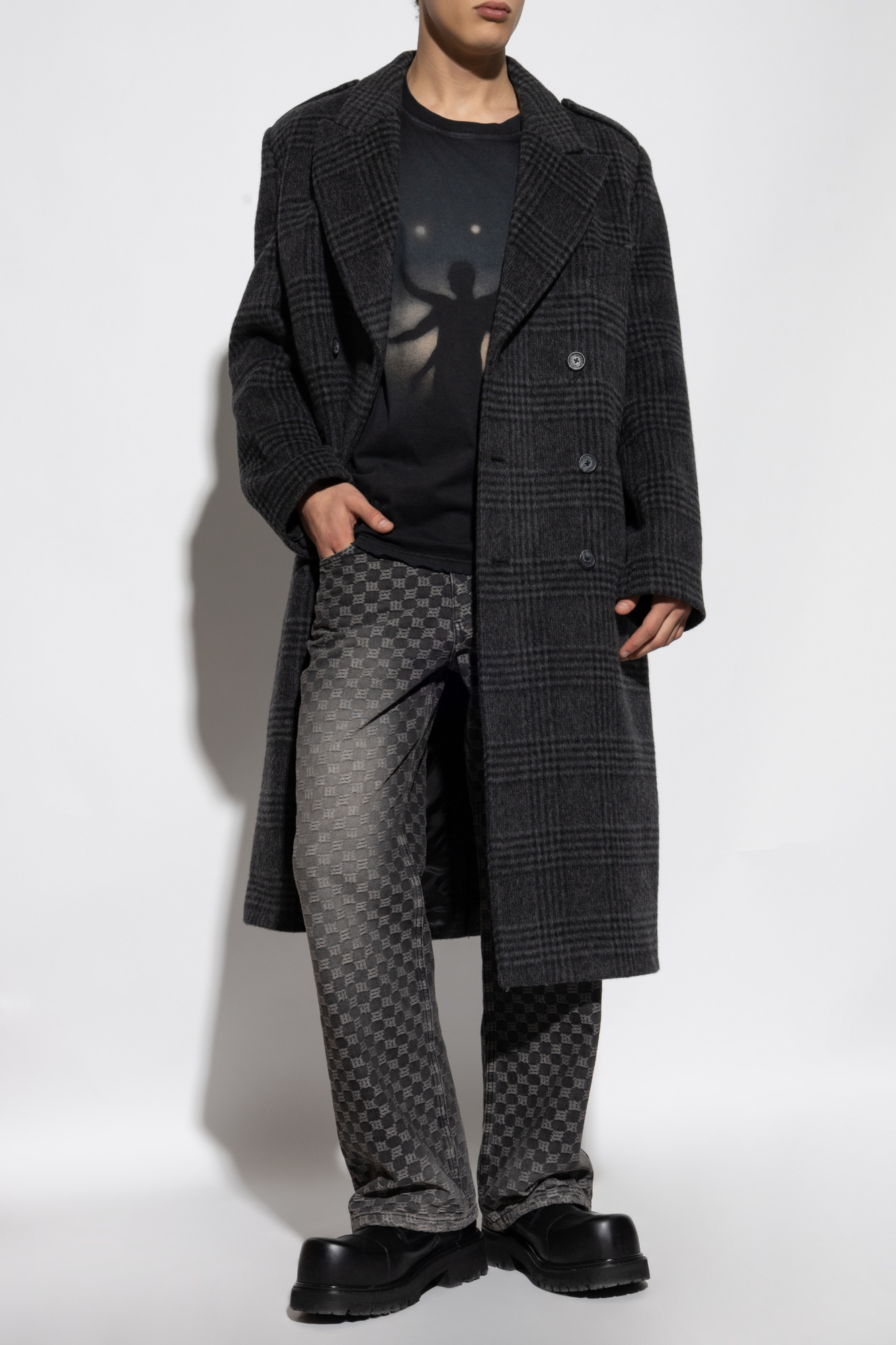 Checked Coat, Men's, Grey