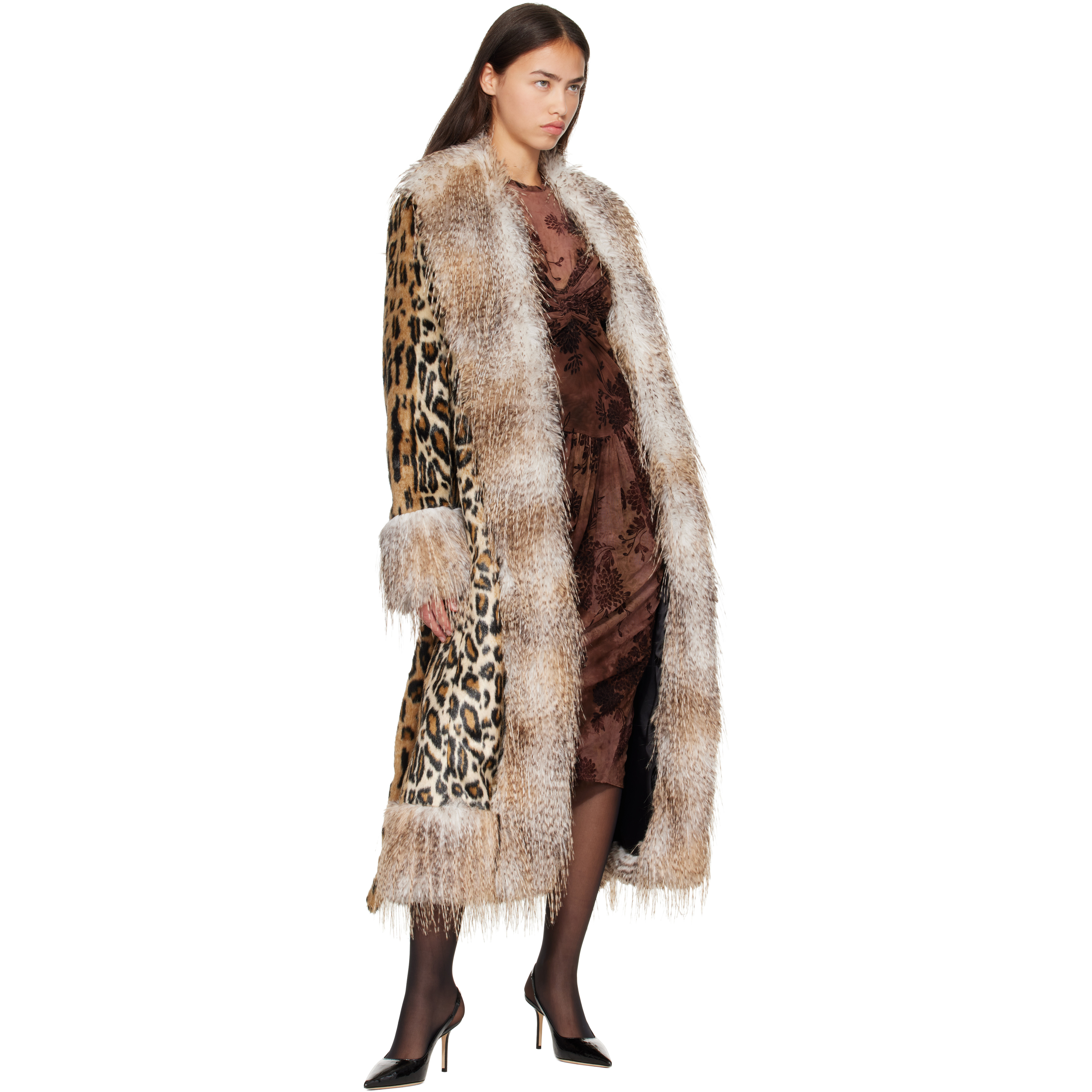 Beige & Brown Belted Faux-Fur Coat
