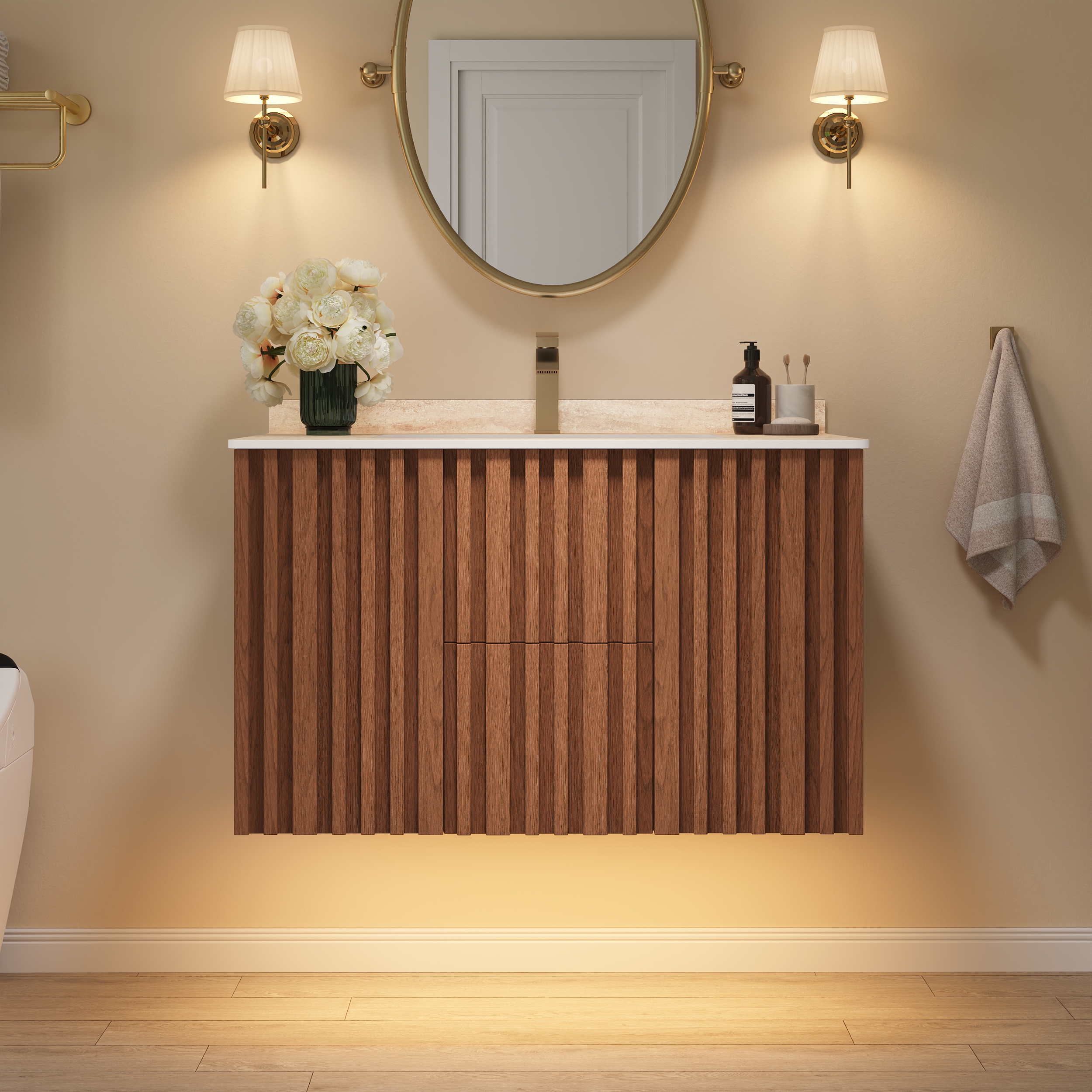 Vanité de salle de bain Aura po avec panneaux à lattes en bois de frêne clair et dessus en faux travertin