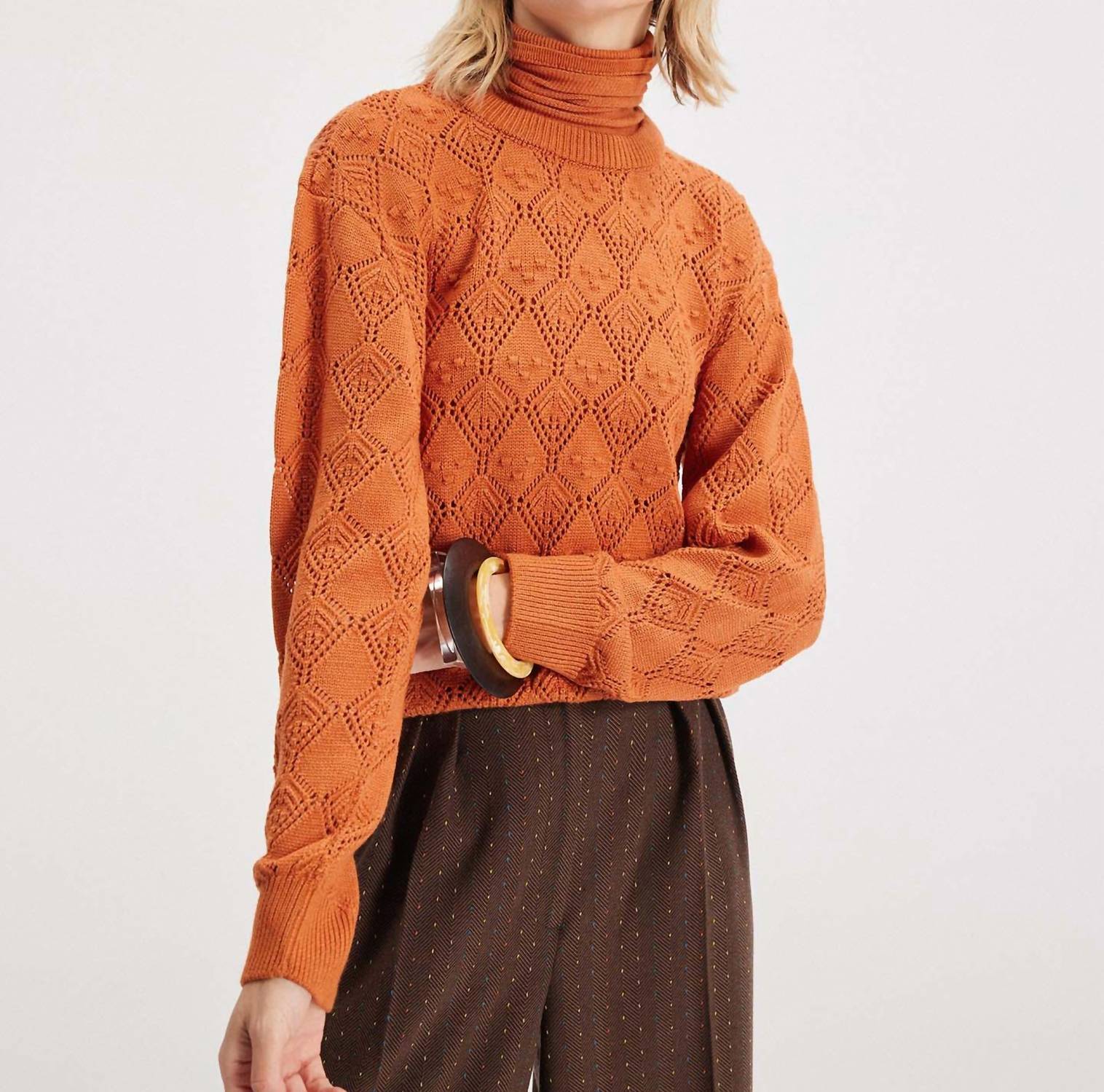 Ersa Pointelle Argyle Pullover In Amber Sky