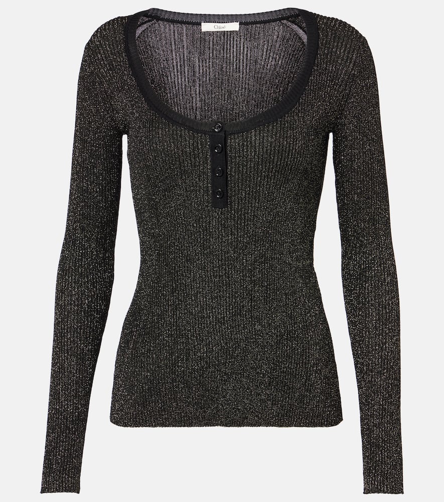 Chloé Ribbed-knit lurex Henley shirt