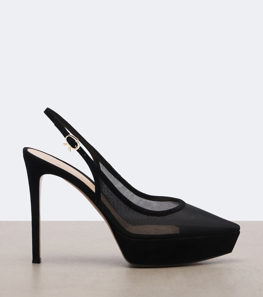 Suede-trimmed mesh platform slingback pumps
