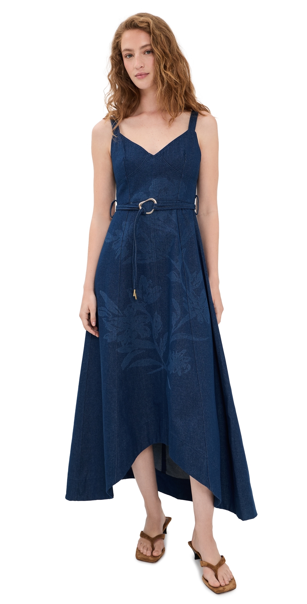 Self Belt Midi Denim Dress Indigo
