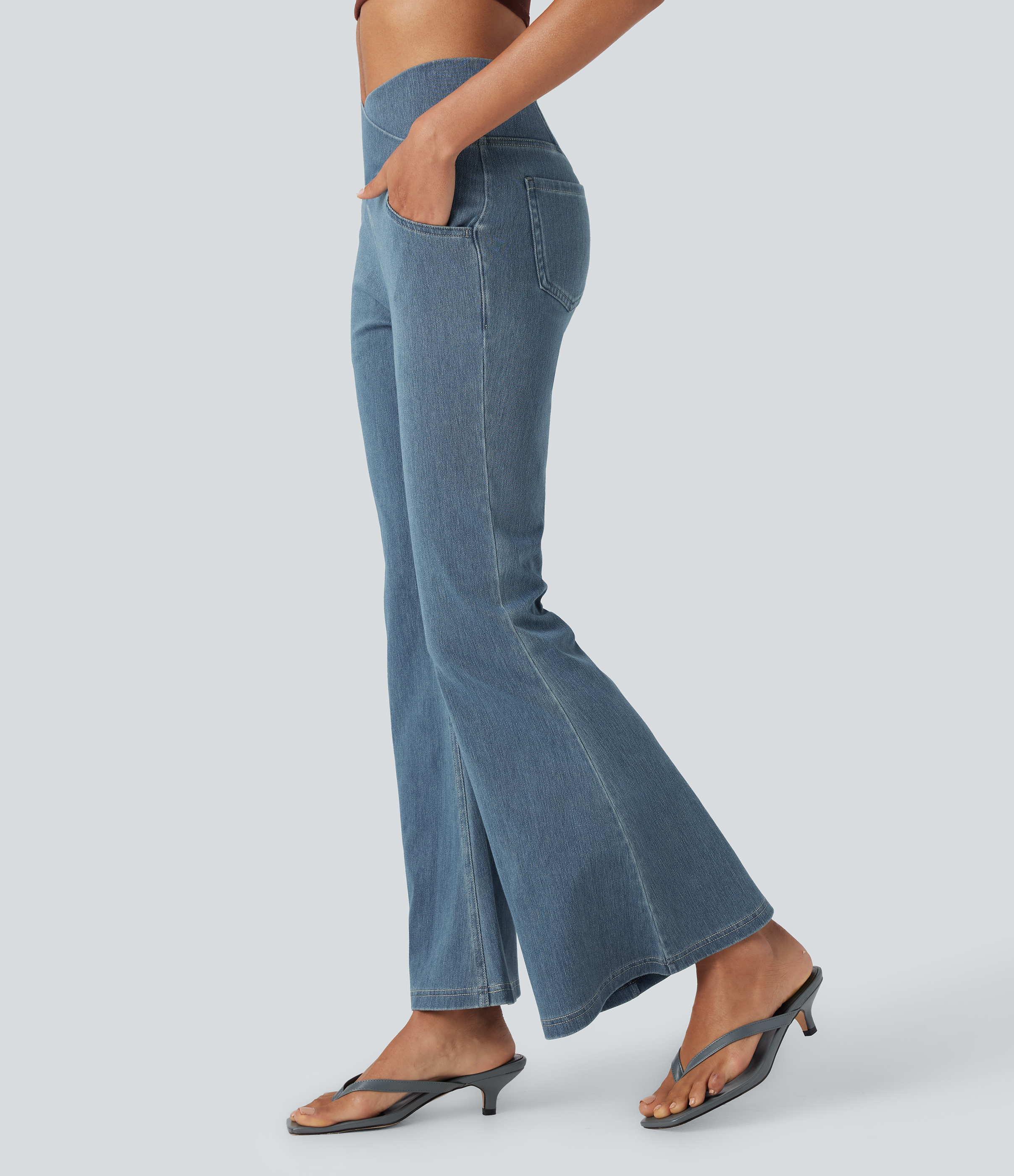 Flex™ High Waisted Crossover Pocket Washed Casual Jeans  - Tide Blue Denim