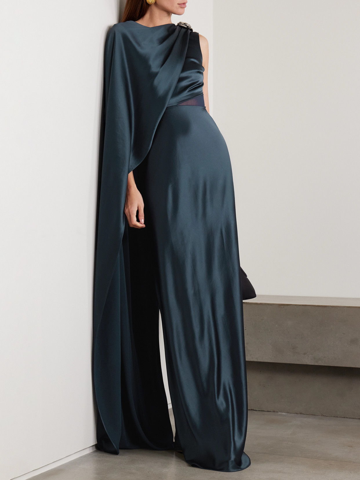 Phoenix Cape-effect Crystal-embellished Draped Satin Gown - Blue