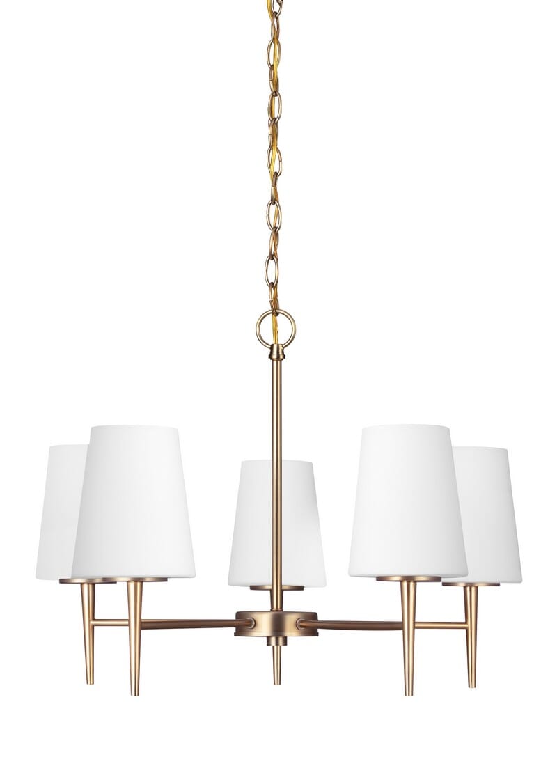 Satin Brass Five Light Chandelier from the Driscoll Collection