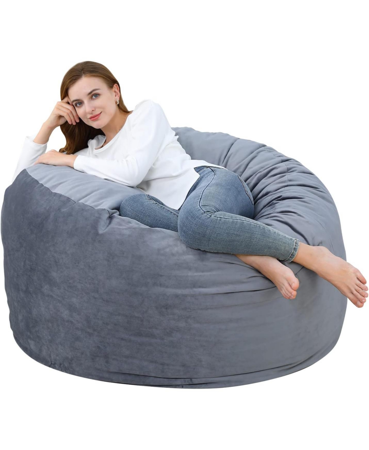 48" Giant Bean Bag Chair, Memory Foam, Plush Velvet, Washable Cover for Adults/Kids - Grey