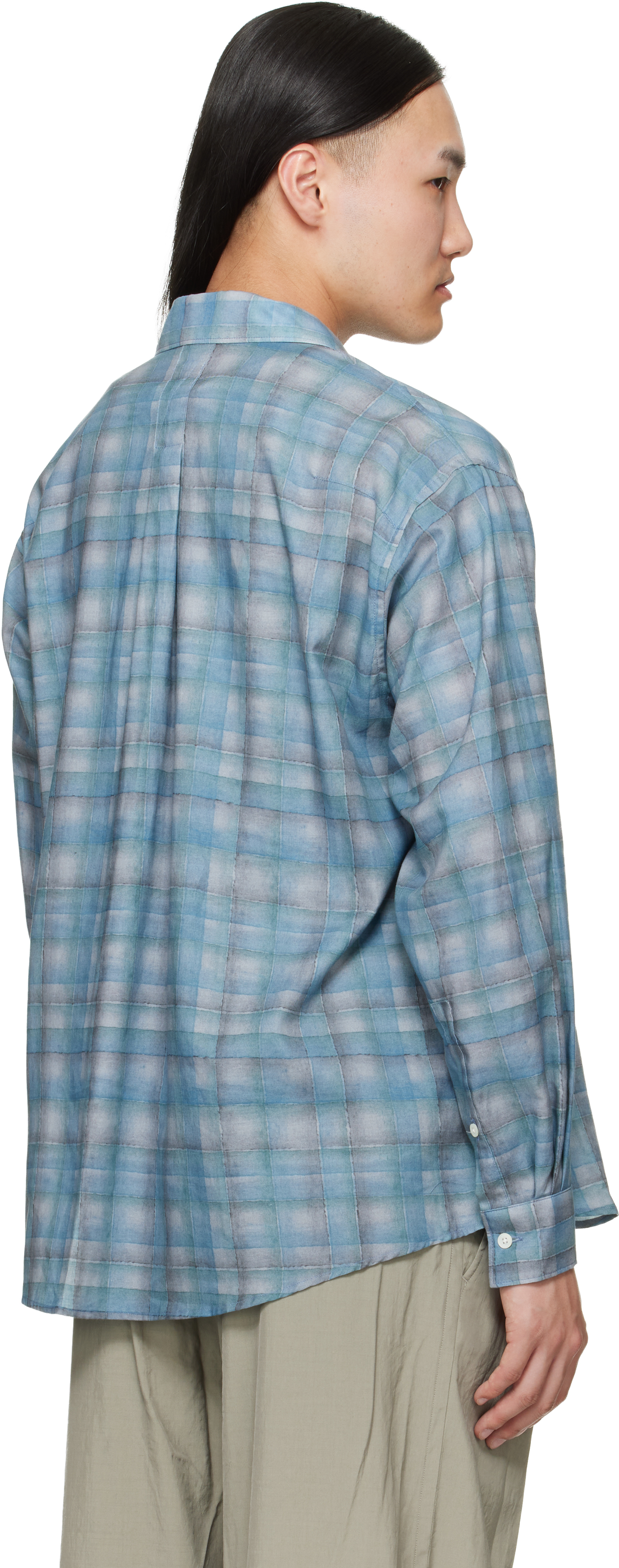 Blue Printed Plaid Cotton Lawn Shirt