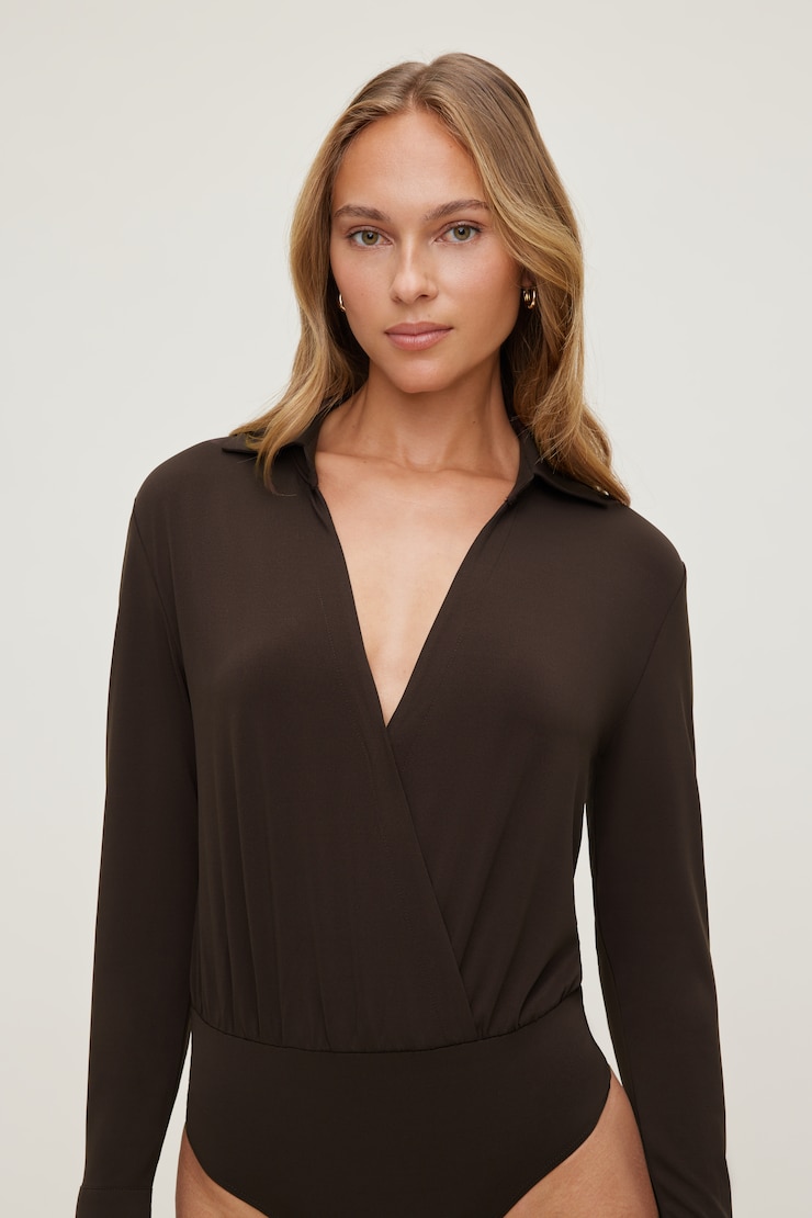 Sculpt Collared Bodysuit - Brown - Women Clothing