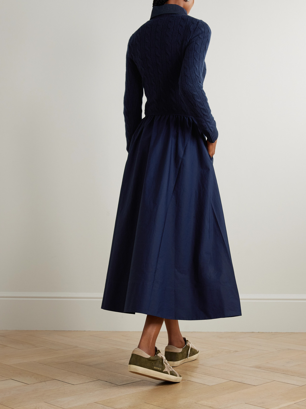 Embroidered Cable-knit Wool-blend And Cotton-poplin Maxi Dress - Blue