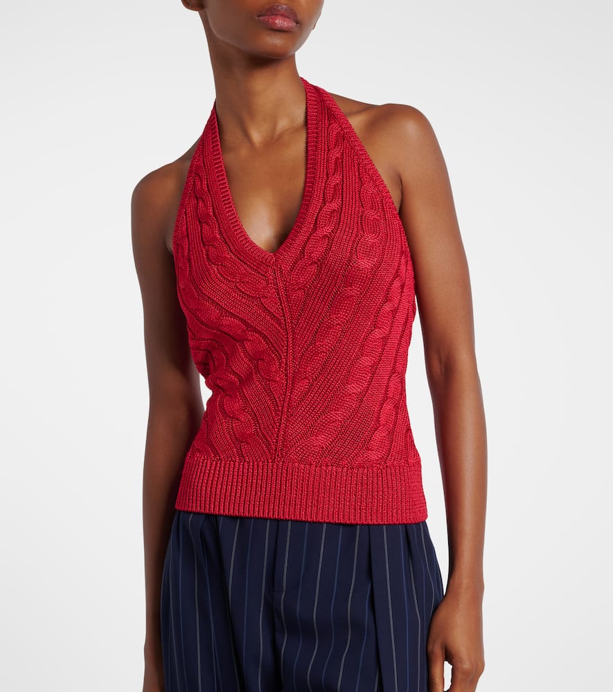 Cable-knit halterneck silk top