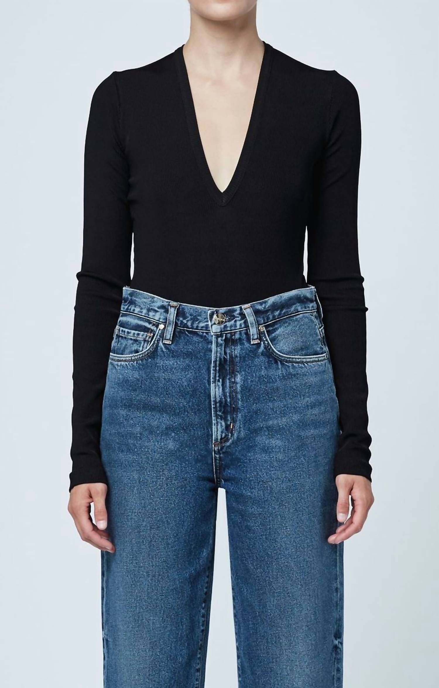 Rib Deep V Front Bodysuit In Black
