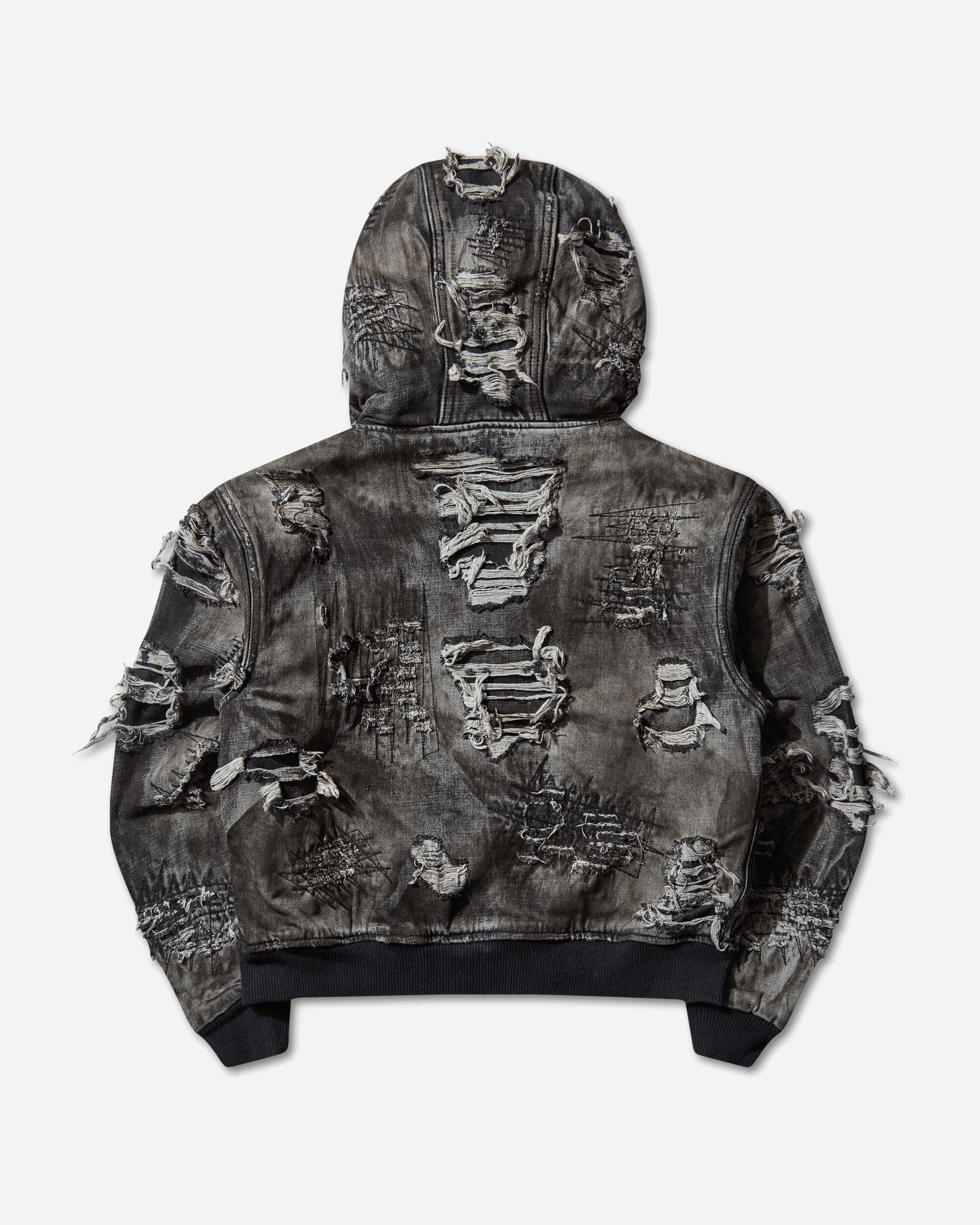 Men s Hard-Washed Damaged Denim Hooded Zip-Up Jacket Black