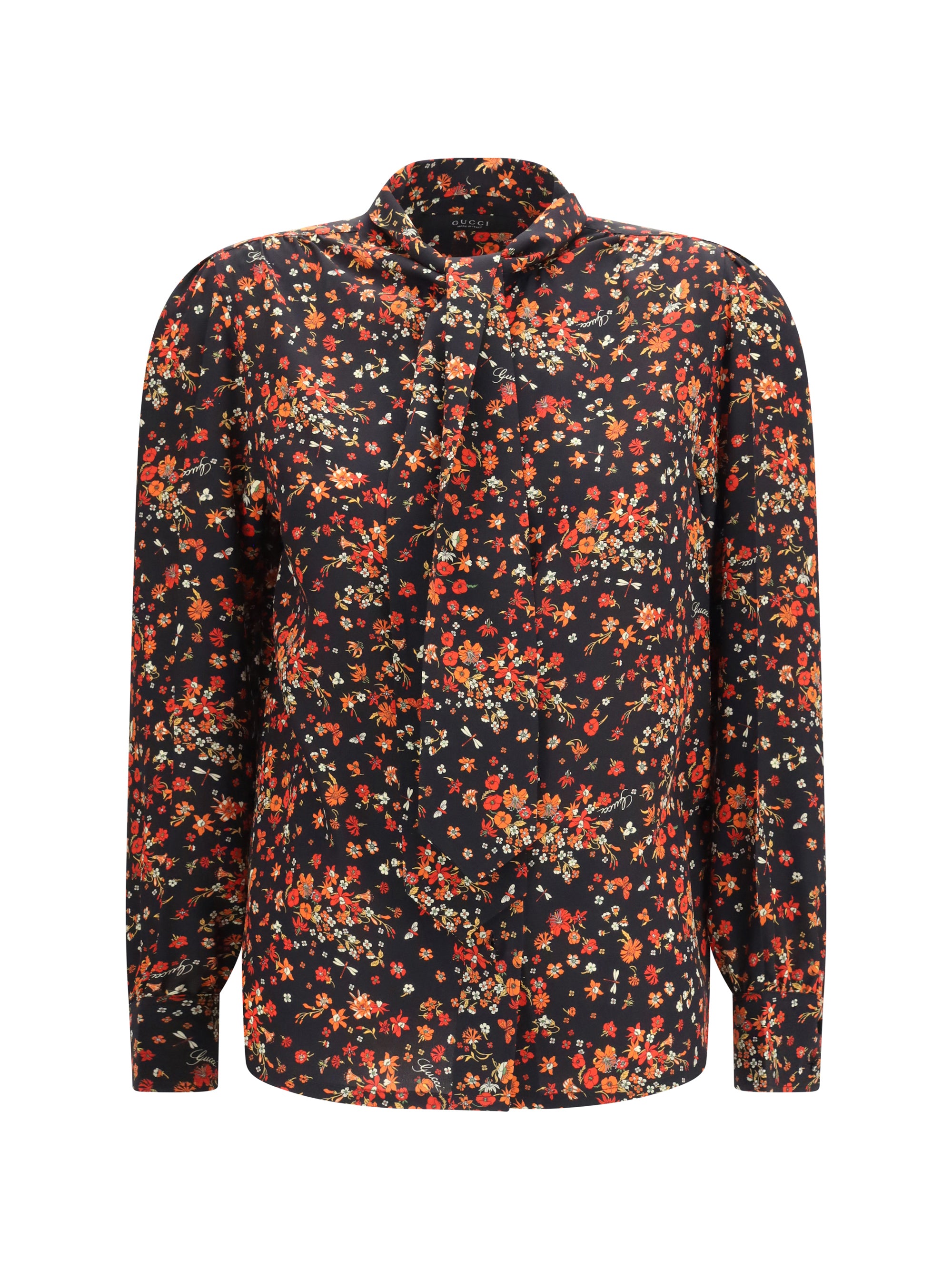 Silk Flora Print with Neck Bow Shirt — Black
