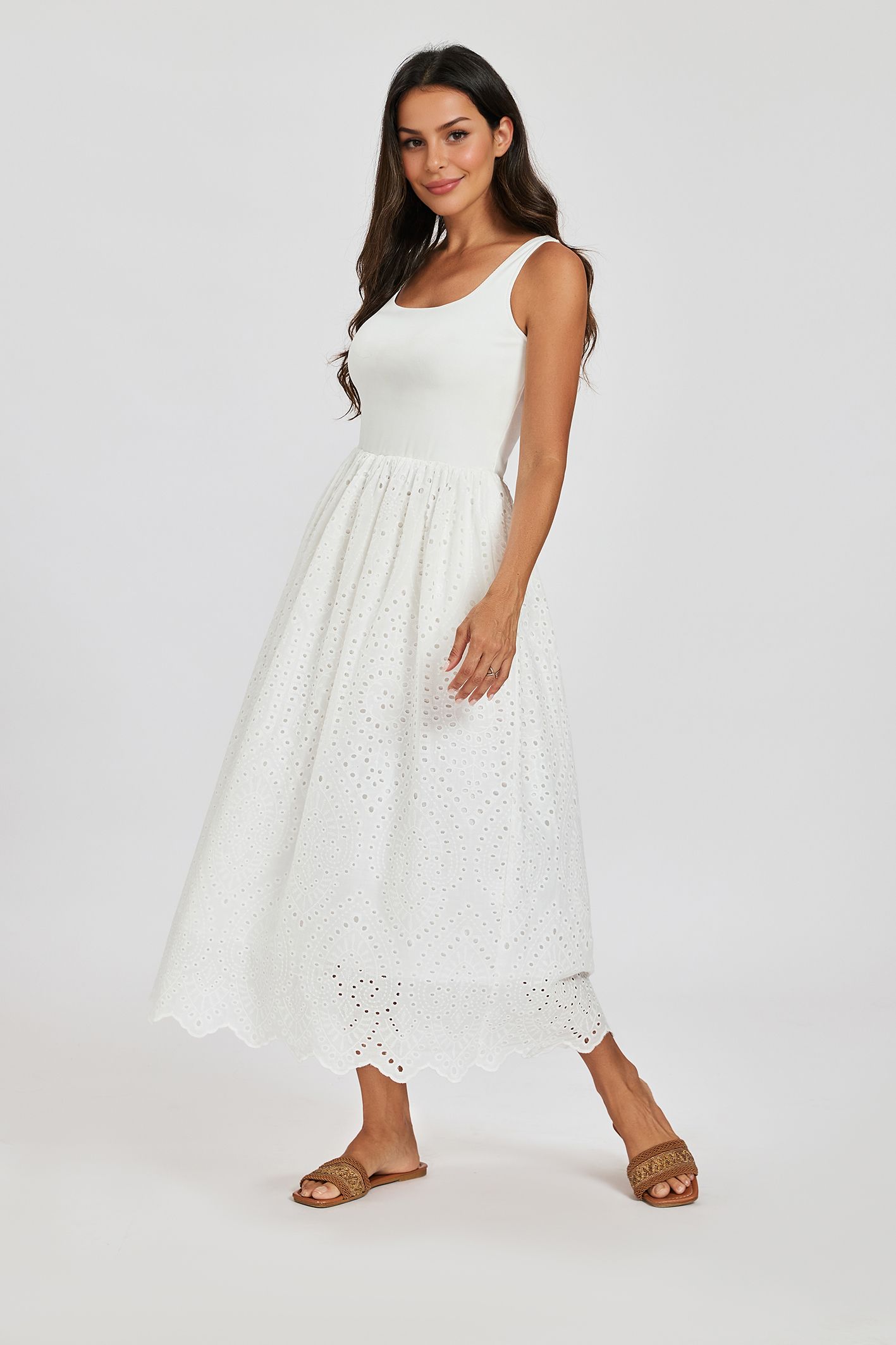 FS Collection Women's Broderie Anglaise Sleeveless Midi Dress in White