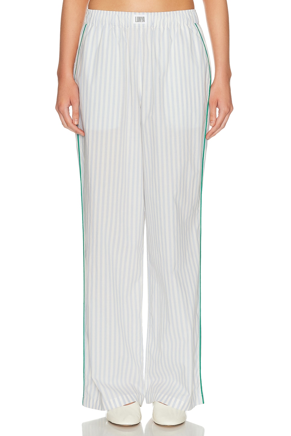 LUNYA Airy Cotton Piped Wide Leg Pant in Stillwater Stripe & Spring Clover - White,Baby Blue. L also in M