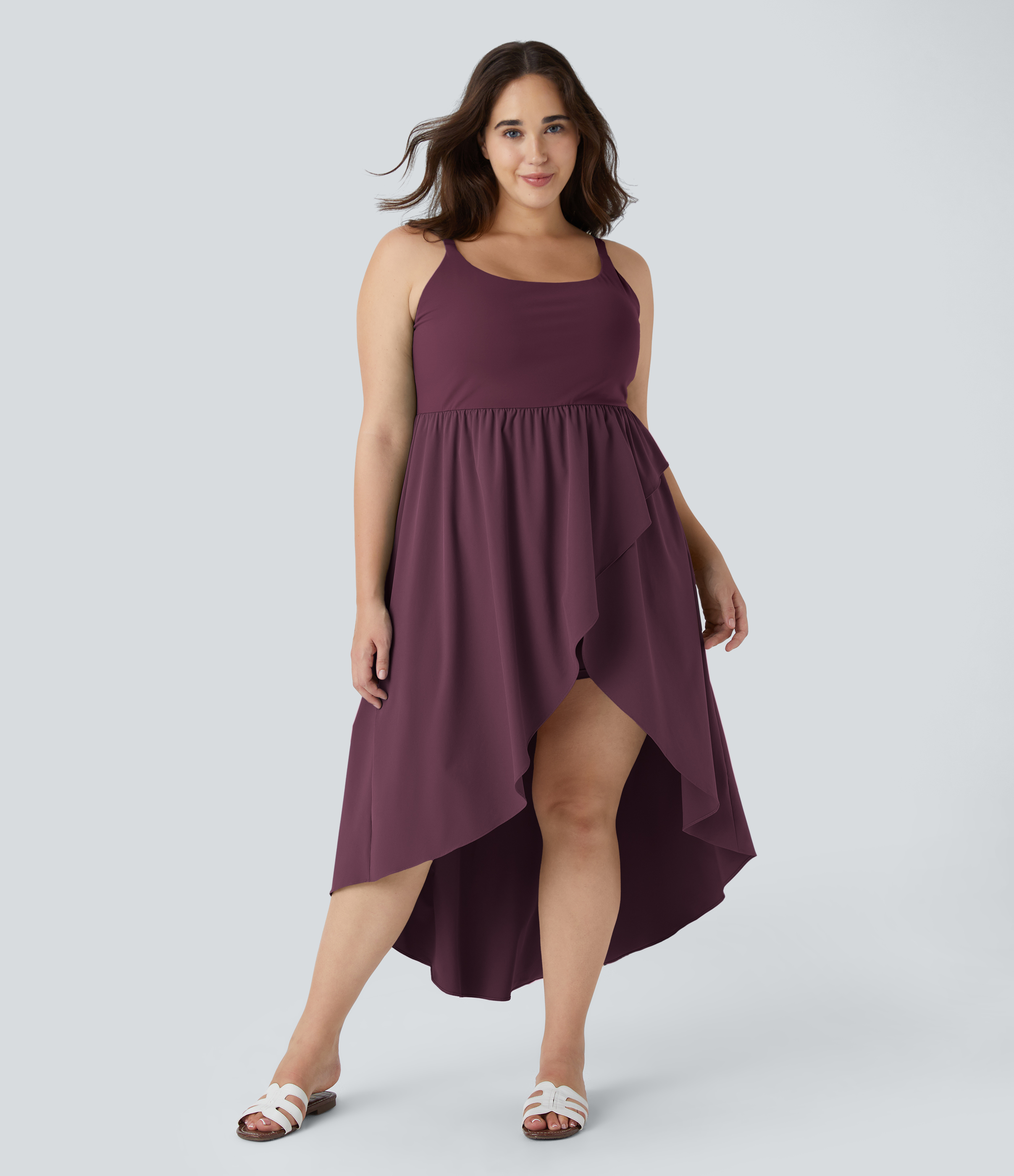 Breezeful™ Asymmetric Crossover Hem 2-Piece Pocket Flowy Midi Quick Dry Casual Plus Size Dress Casual Dress - Amaranth