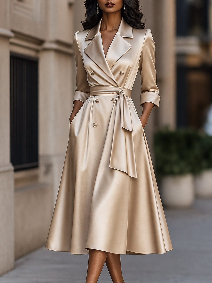 Satin Double-Breasted Tie-Waist Midi Dress - Champagne