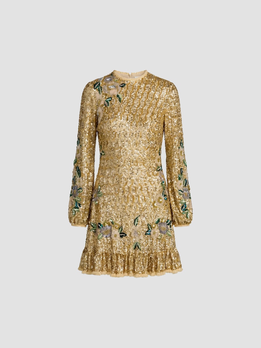 Women's Floral-Beaded Mesh A-Line Mini Dress - Gold Multi