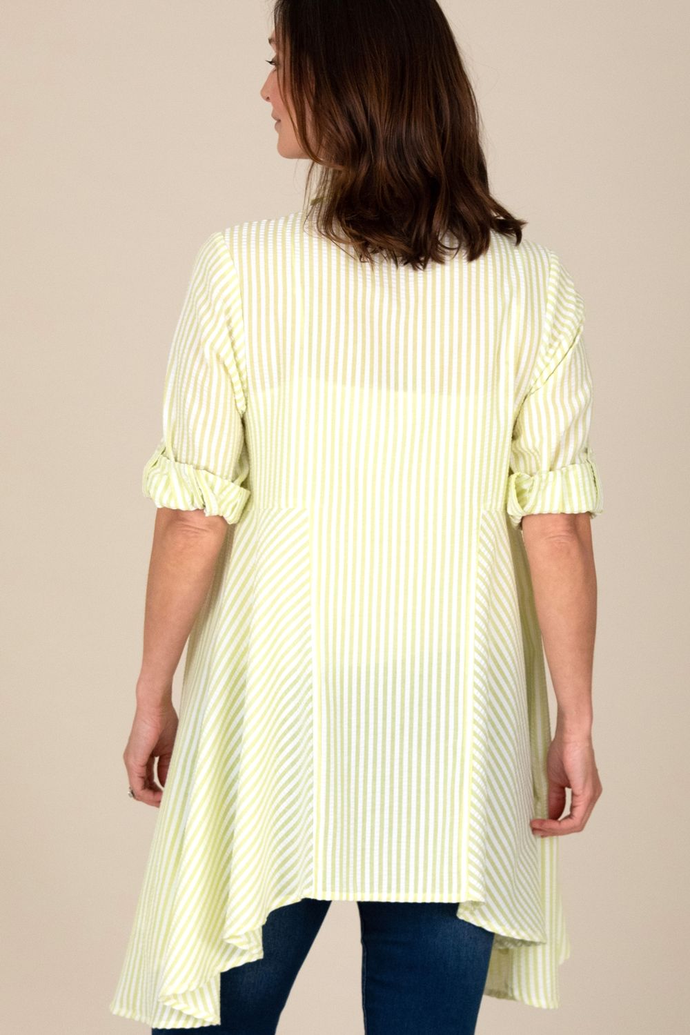 Klass. Women's Oversized Striped Seersucker Dipped Hem Shirt in Lime | : Small/Mediu