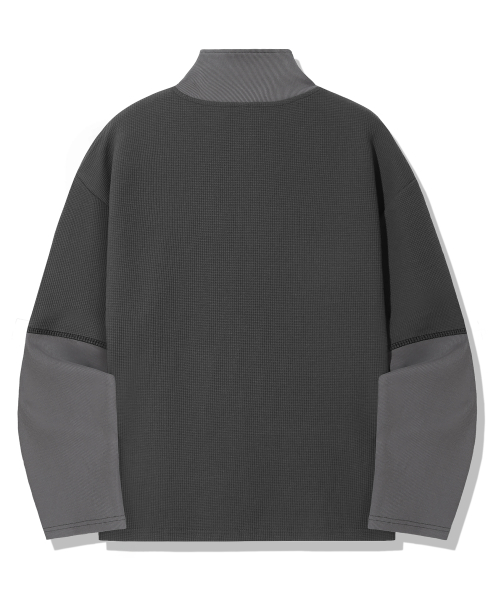 Waffle Ring Snap Collar Henley Neck Long Sleeve_Charcoal