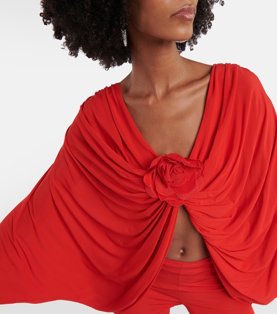 Floral-appliqué draped jersey top