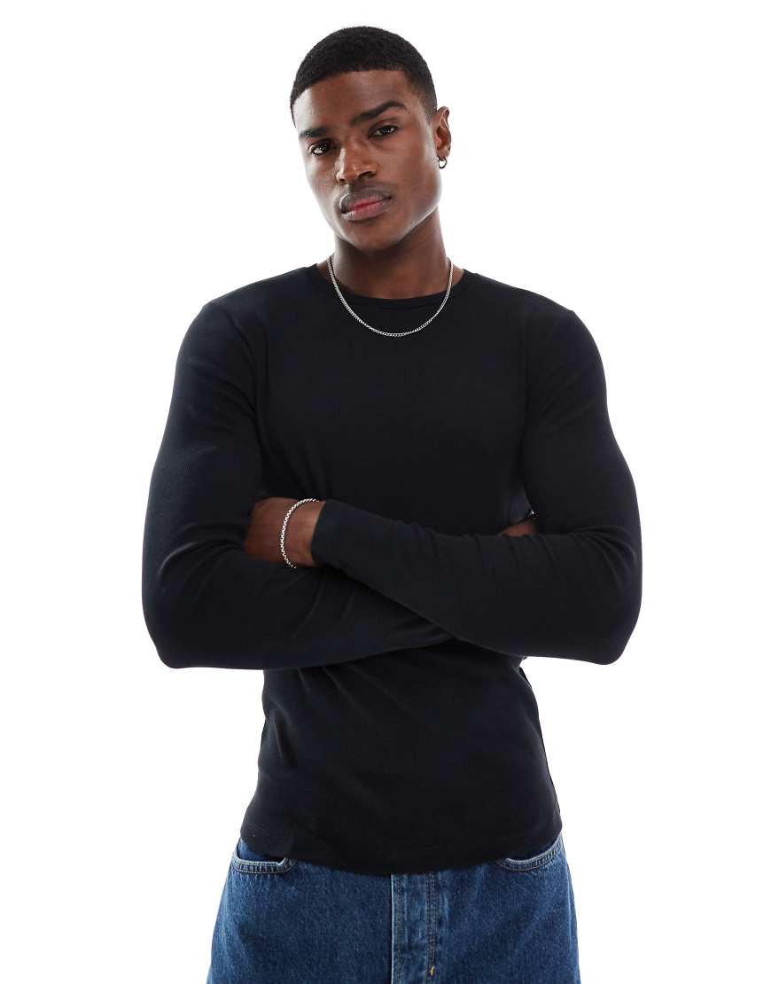 ASOS DESIGN essential muscle fit long sleeve ribbed T-shirt in black
