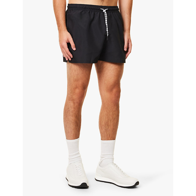 Mens Black 3' Brand Print Slim Fit Recycled-polyester Swim Shorts 