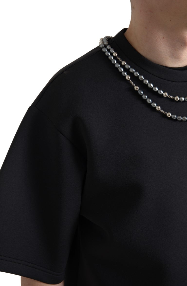 Necklace-Embellished T-Shirt — Black