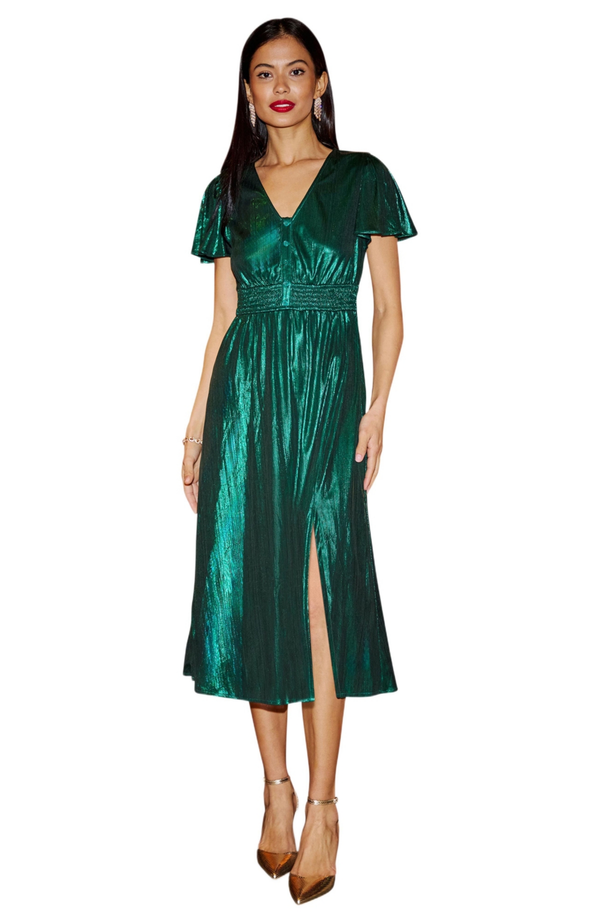 Women's Metallic Ruched Midi Dress - Green