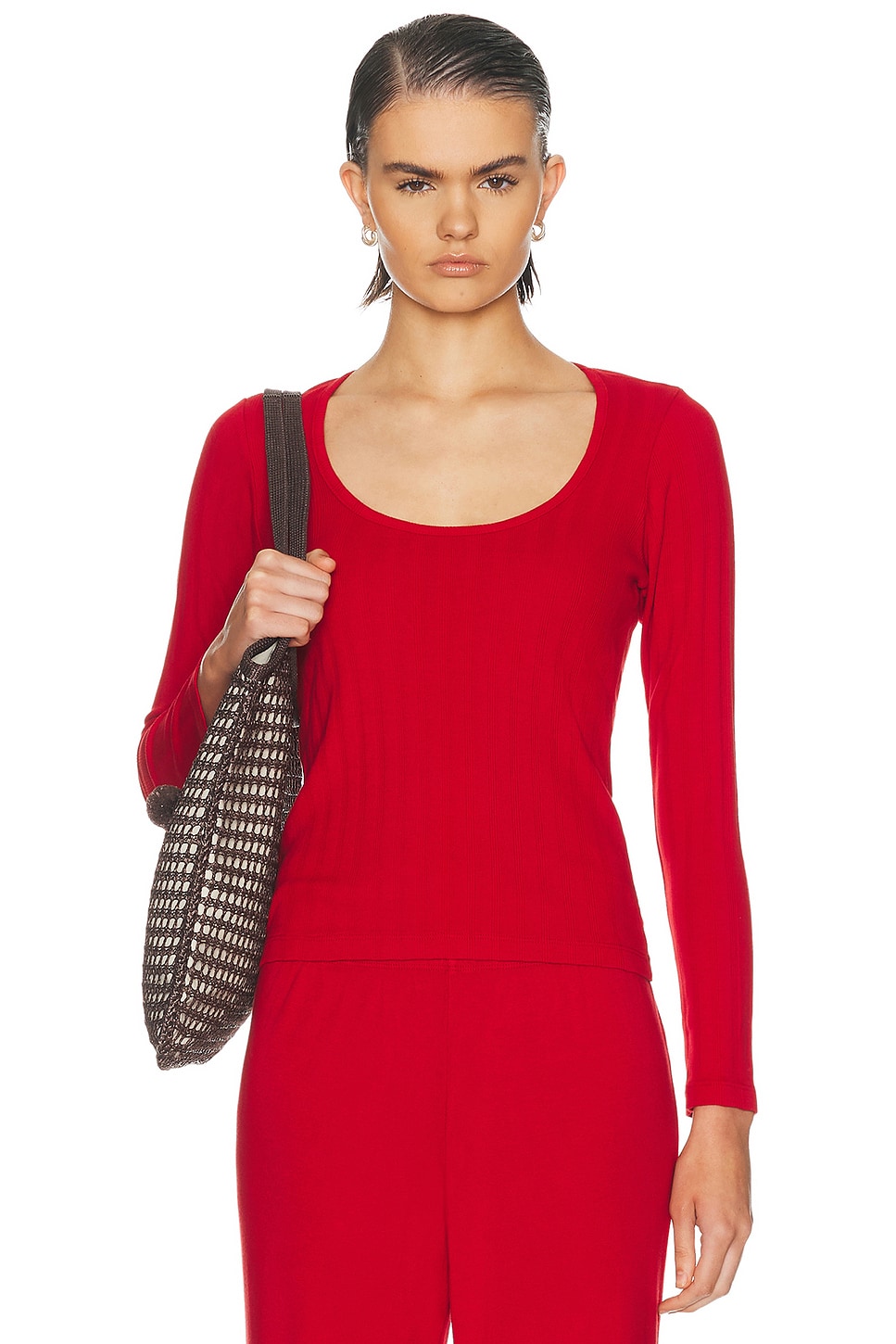 DONNI. The Varied Rib Long Sleeve Scoop Neck Tee in Red