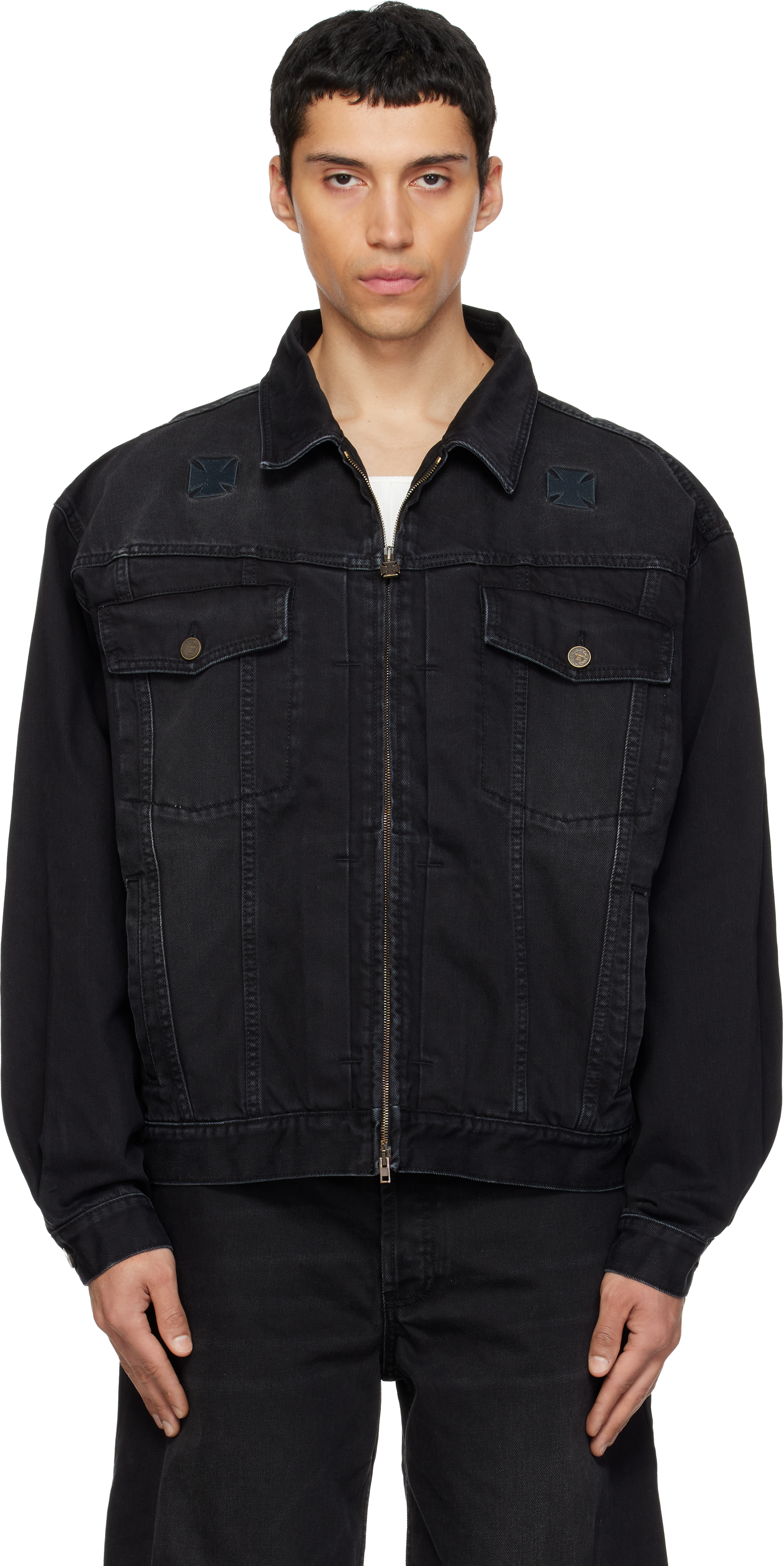 Black Appliqué Biker Crosses Zip Denim Jacket