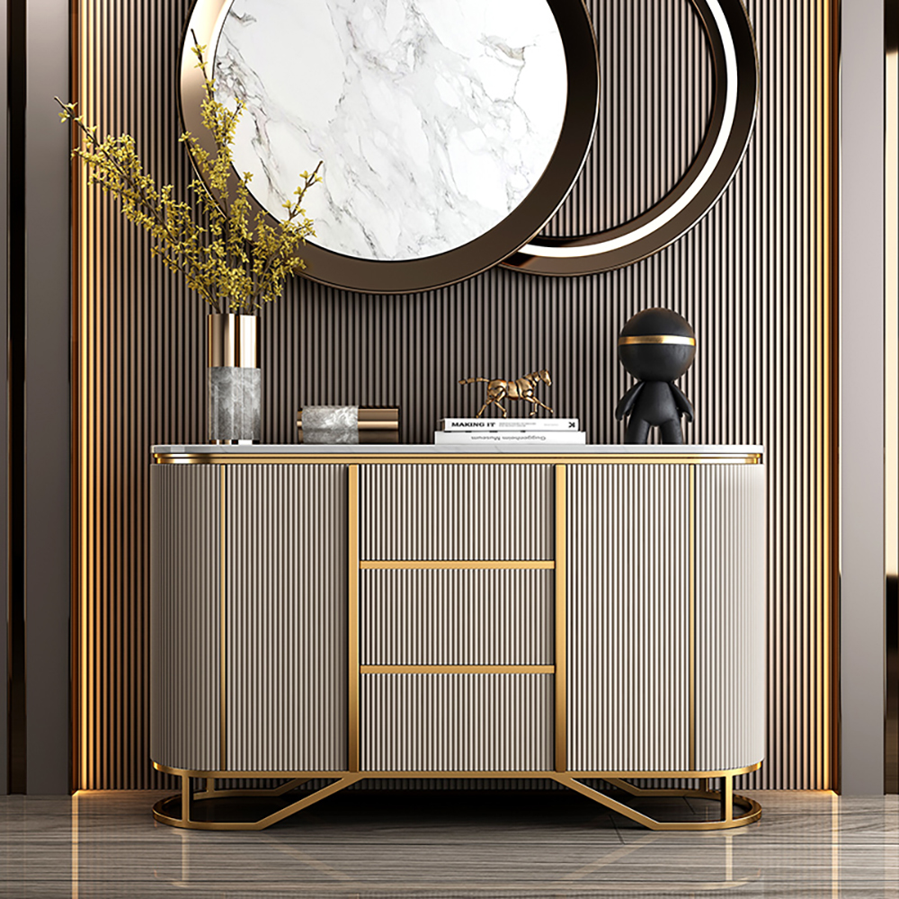 White Buffet Faux Marble Top Modern Sideboard with Stainless Steel Base