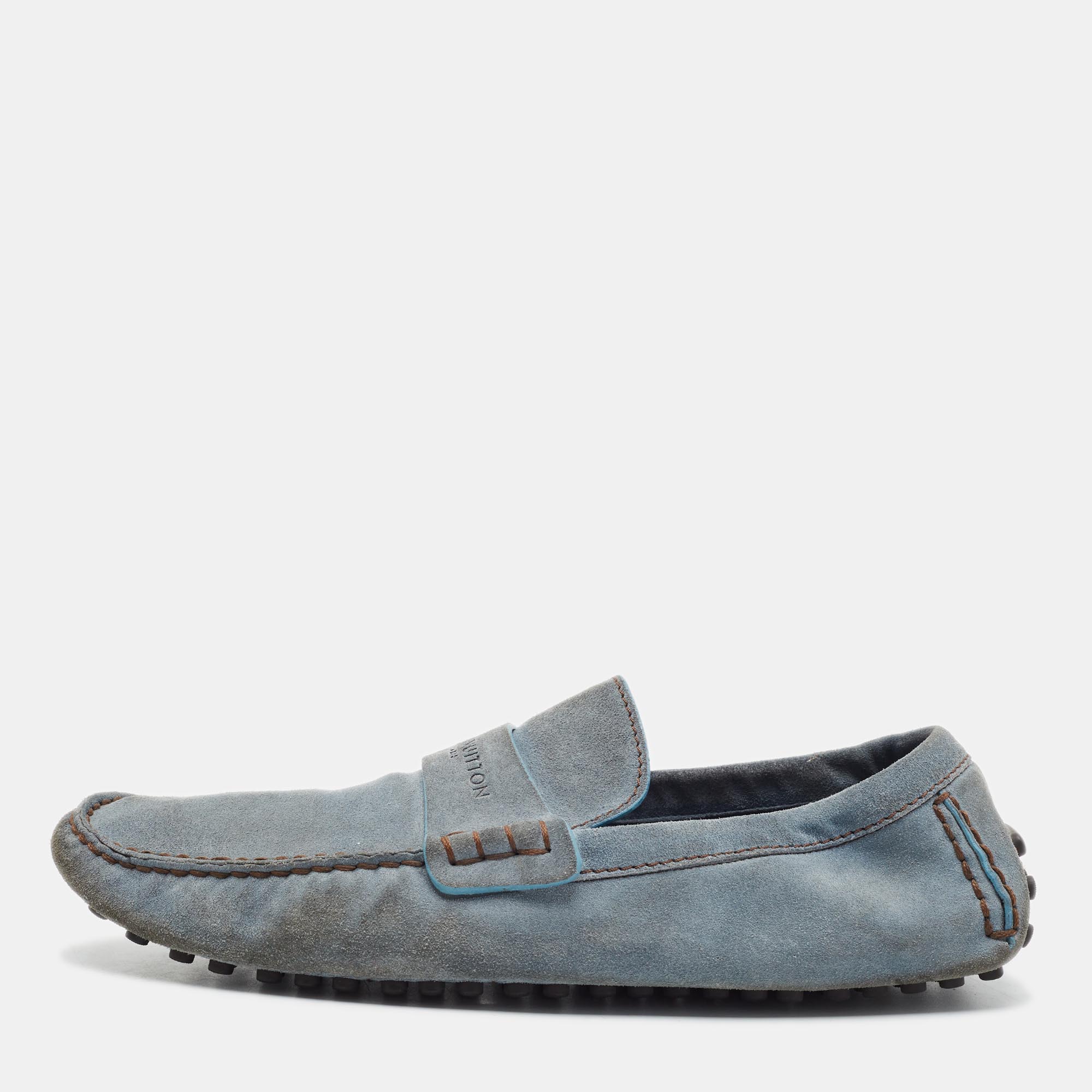 Louis Vuitton 43.5 Light Blue Suede Slip On Driver Loafer