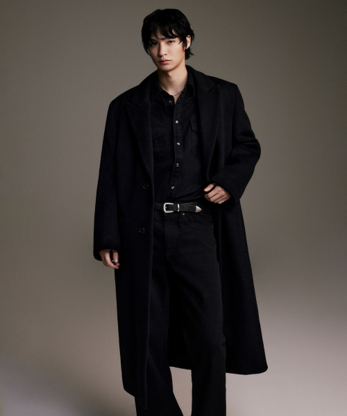 Cashmere Blend Daddy Shoulder Peaked Single Long Coat