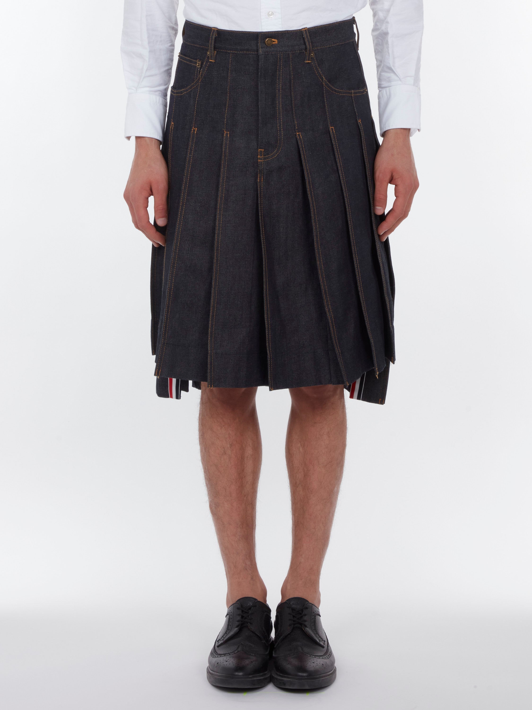 Pleated Japanese Selvedge Denim Skirt — Navy