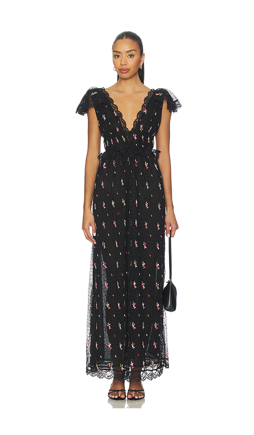For Love & Lemons Poppy Pleated Lace Maxi Dress in Black. XL also in