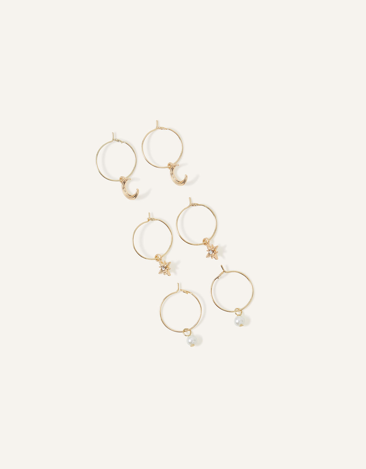 Gold Moon and Star Hoop Earrings Set of Three