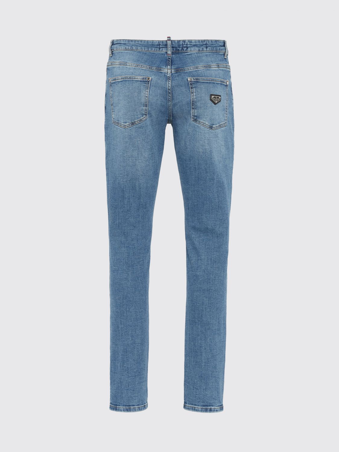 Distressed Slim Fit Skinny Jeans in Cotton Denim with Metal Logo
