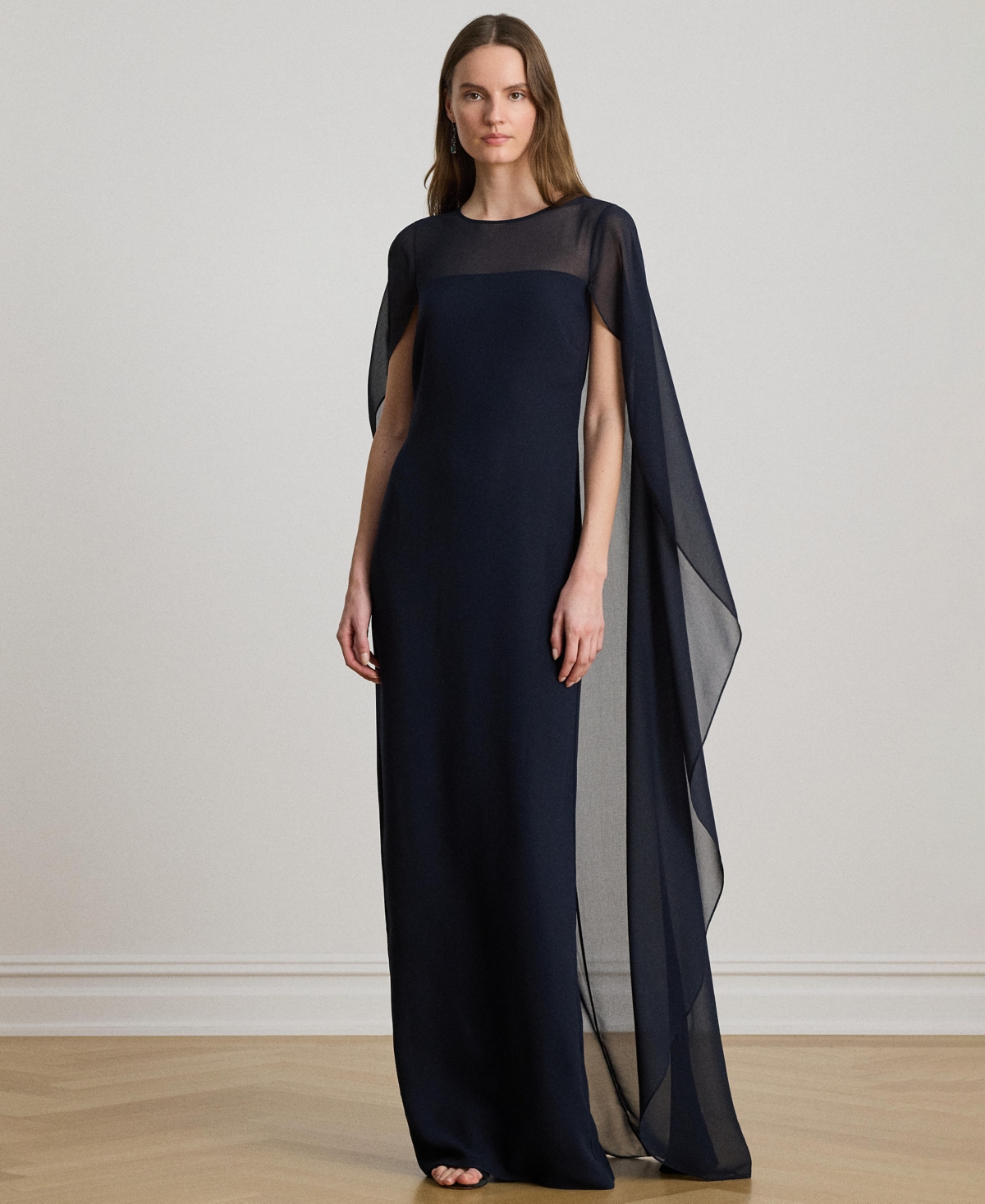 Women's Round-Neck Cape-Overlay Georgette Ball Gown - Lauren Navy