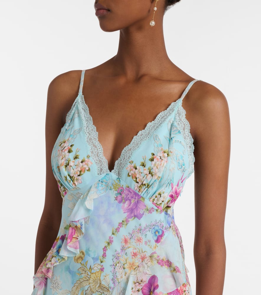 Floral ruffled silk slip dress