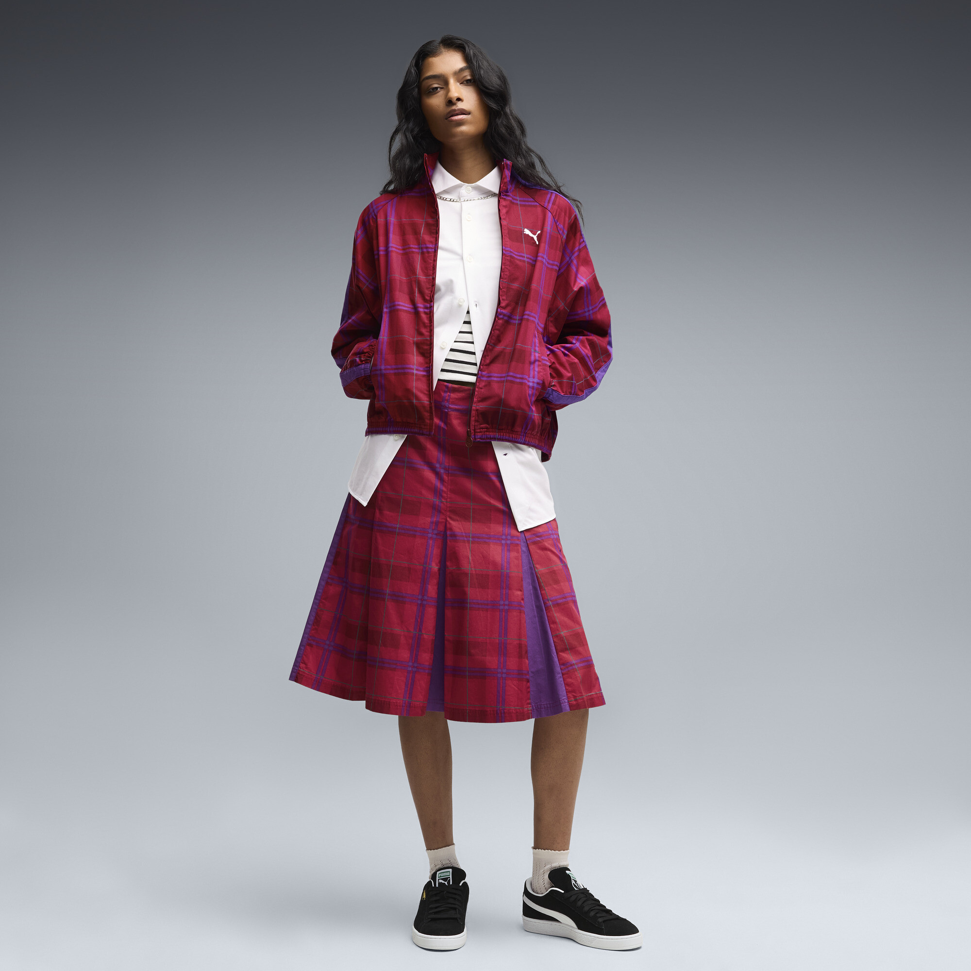 PUMA T7 Women's Pleated Tartan Midi Skirt in Red