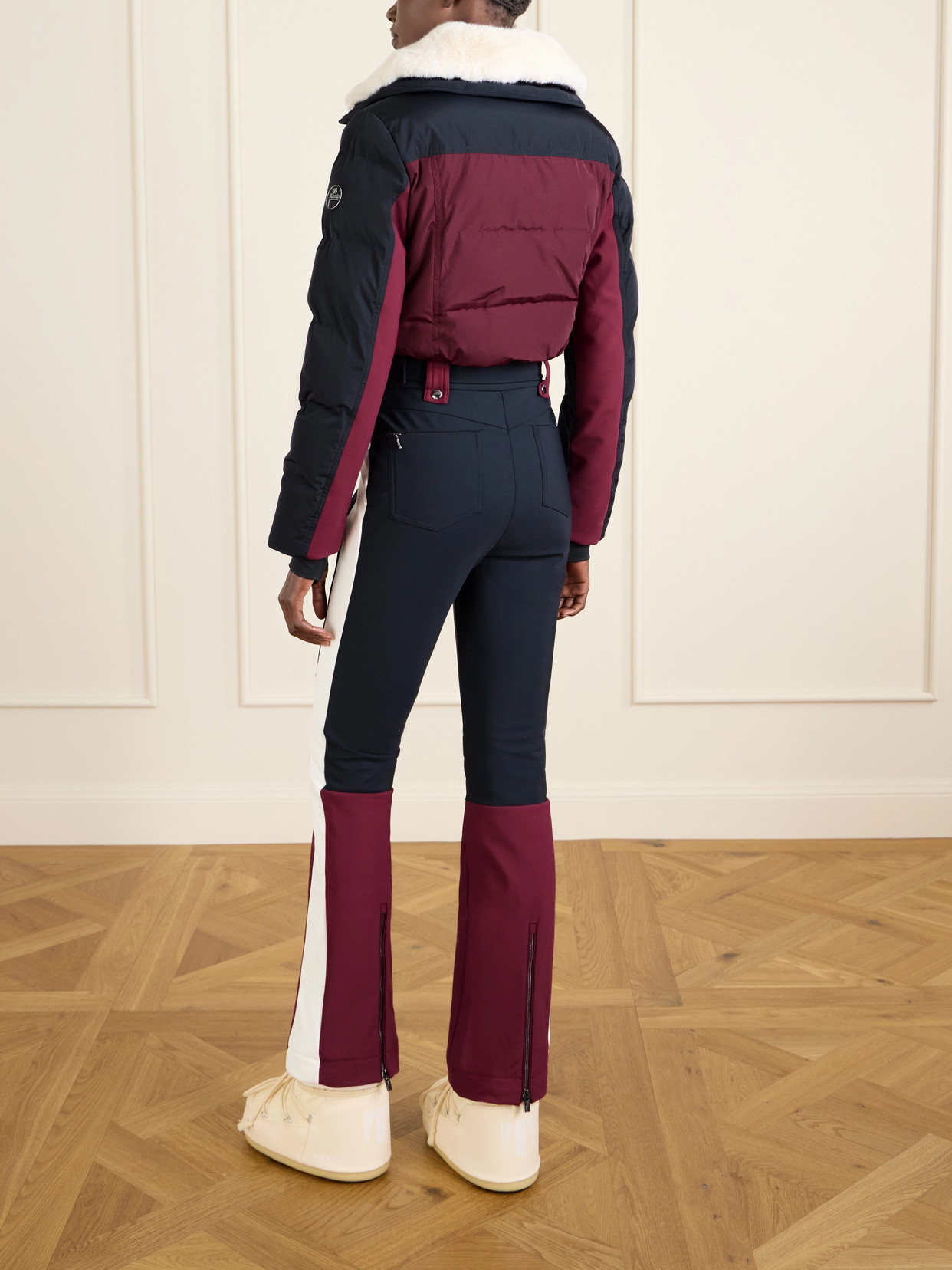 Karei Belted Plush-trimmed Padded Shell Ski Suit - Burgundy