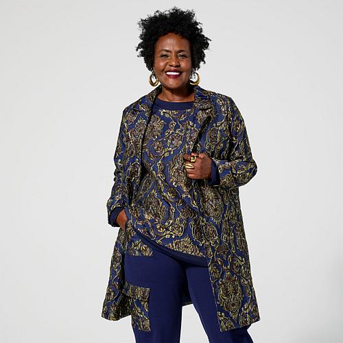 Byron Lars Button-Front Jacquard Coat - Gold/Indigo Multi
