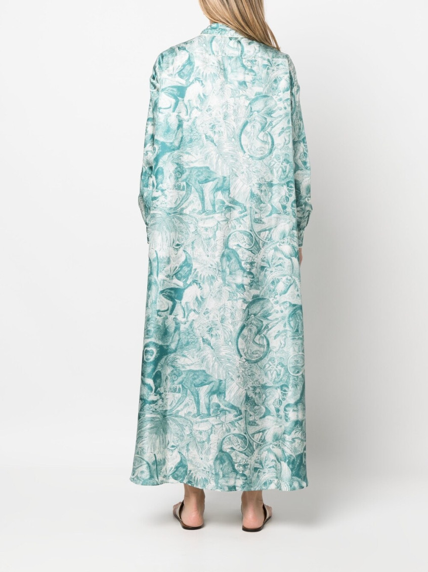 Long Shirt Dress With Monkey Print In Light Blue