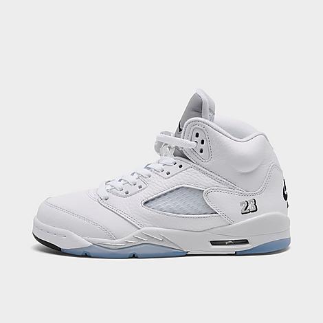 Big Kids Air Retro 5 Basketball Shoes in White/Metallic Silver/Black