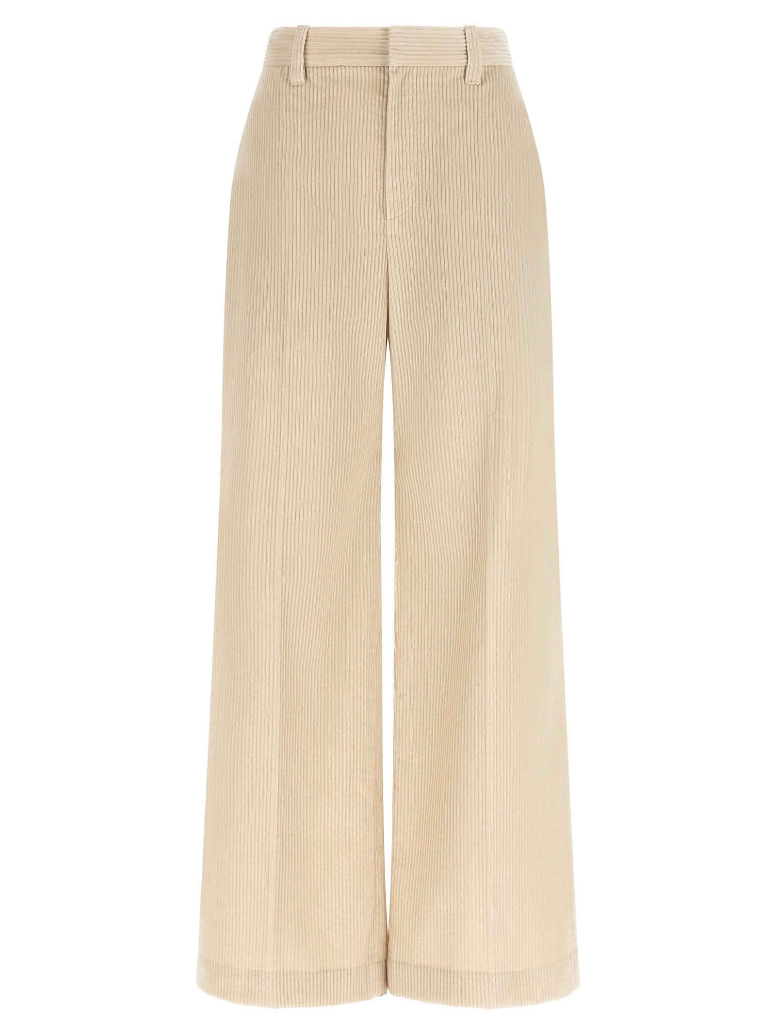 Ribbed Cotton Wide-Leg Trousers — Beige
